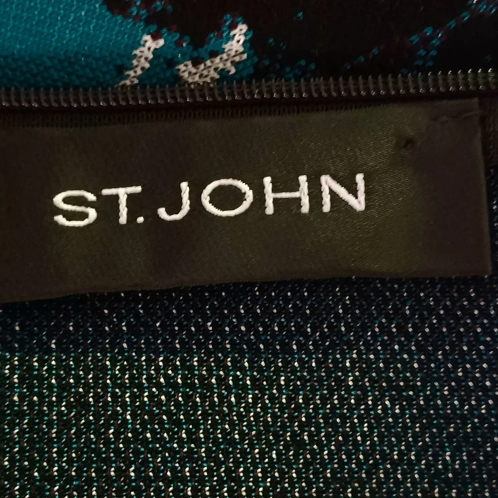 St. John Black Knit Sheath Dress Abstract Floral Intarsia Short Sleeve‎ Size 6